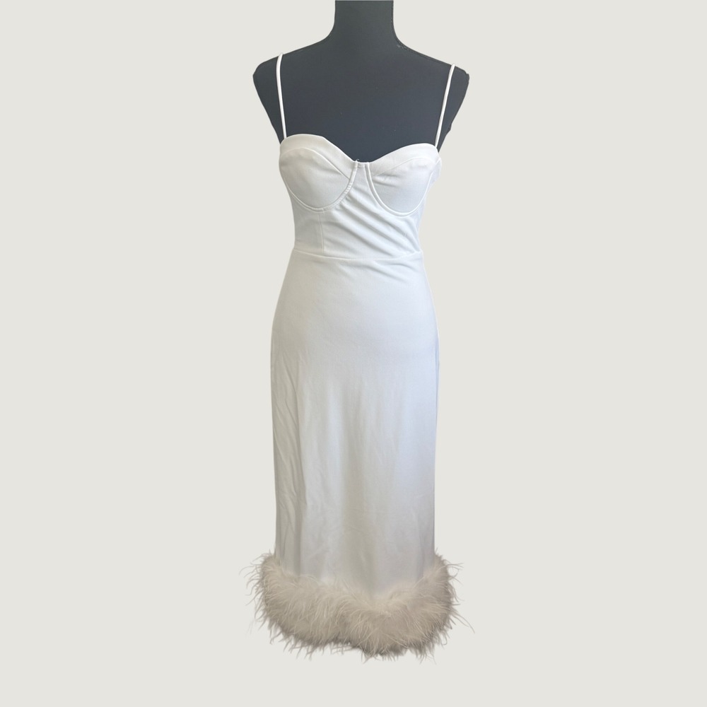 Lulus White Bustier Babydoll Midi Dress Faux Feather Trim Bridal Bachelorette S